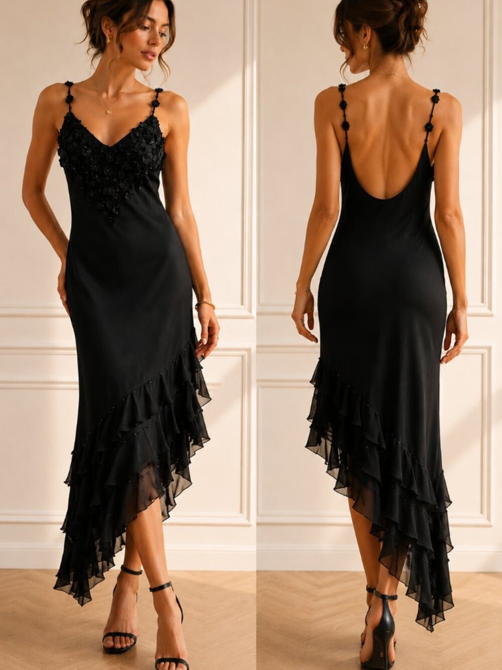 Vintage Y2K Black Silk Floral Appliqué Bias Cut Slip Dress NWT Wedding Guest